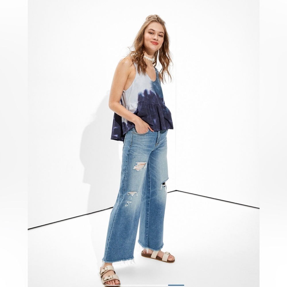 American Eagle Outfitters V-Neck Blue Ombre Tie Dye Peplum Tank Top - Picture 8 of 8